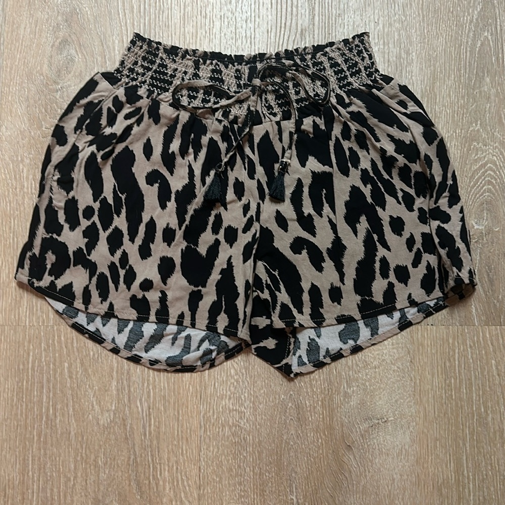 One5One Odessa High Rise Smocked Waist Drawstring Women’s Leopard Print Shorts